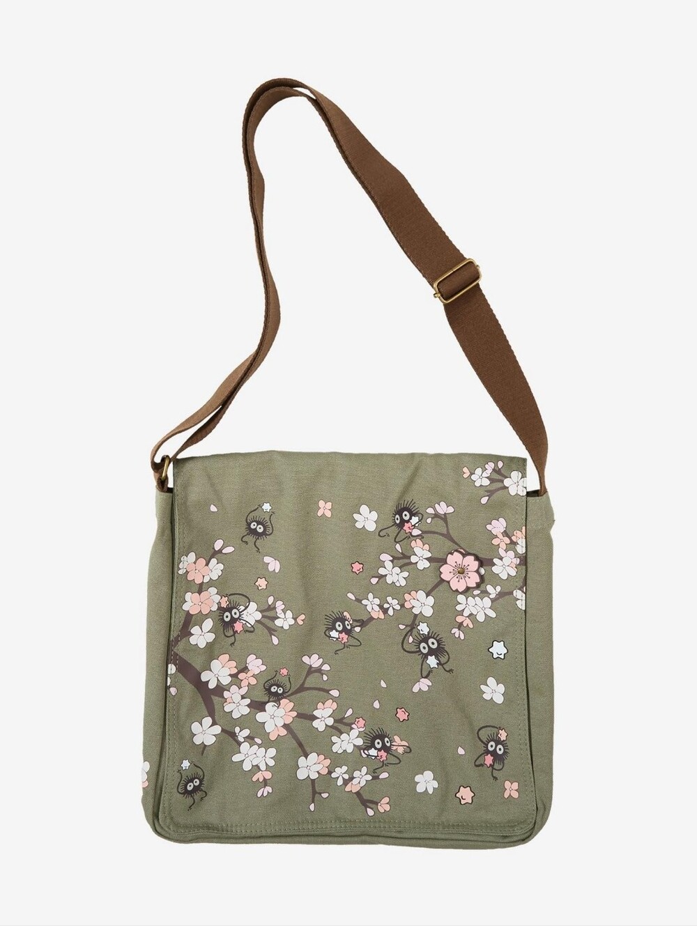 Studio Ghibli Sprite Olive Floral Canvas Crossbody Bag Brown Adjustable Strap - Picture 2 of 6